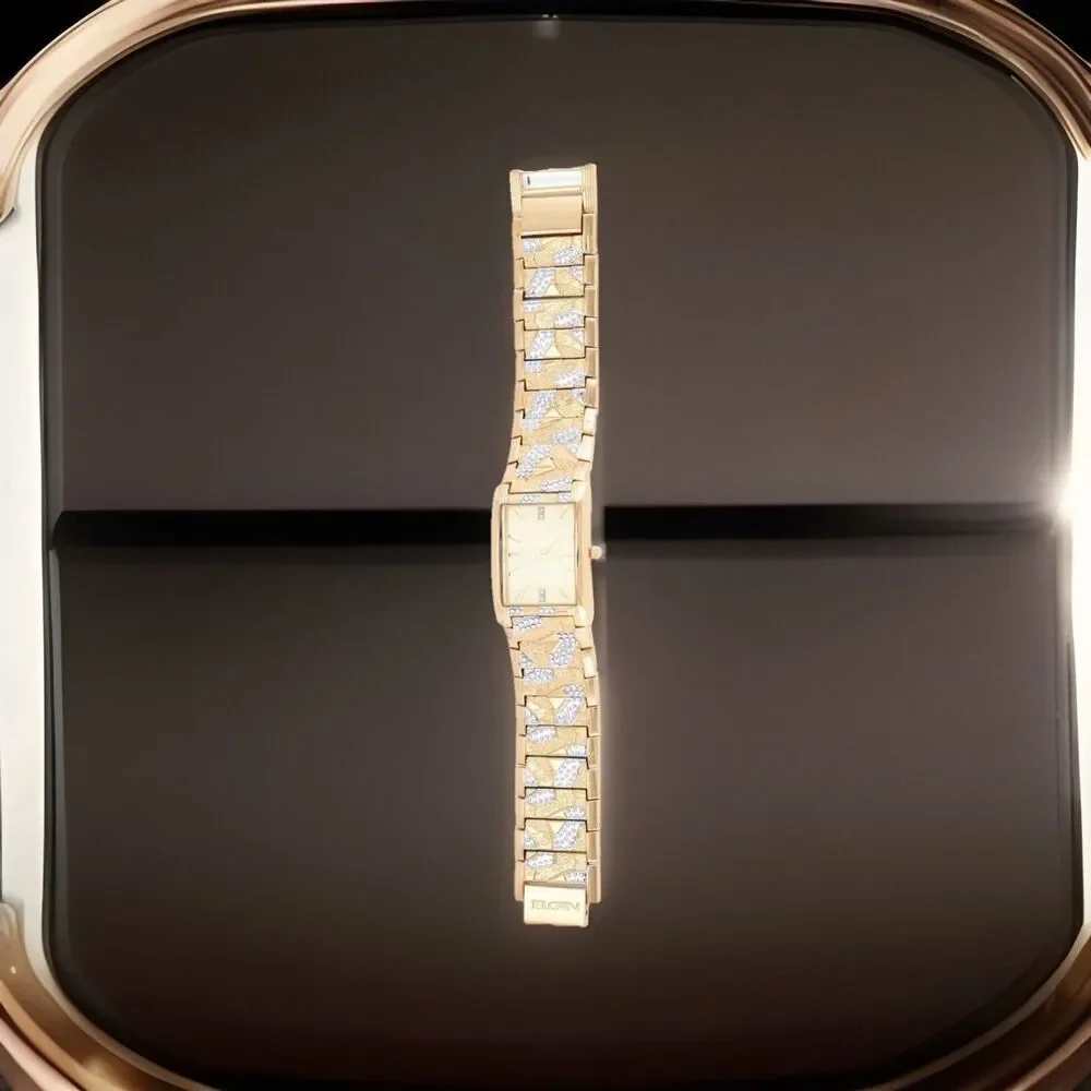 Elgin Men's Gold Tone Rectangular Watch Crystal Accent Textured Bracelet NIB